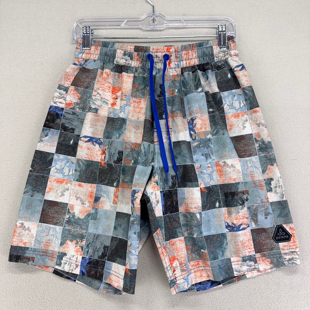 Prana Swim Trunks Men's S Blue Lined 9"‎ Patchwork Beach Surf River